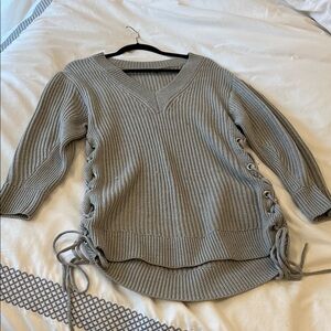 rag & bone Gray V-Neck Sweater with Lace-Up Sides
